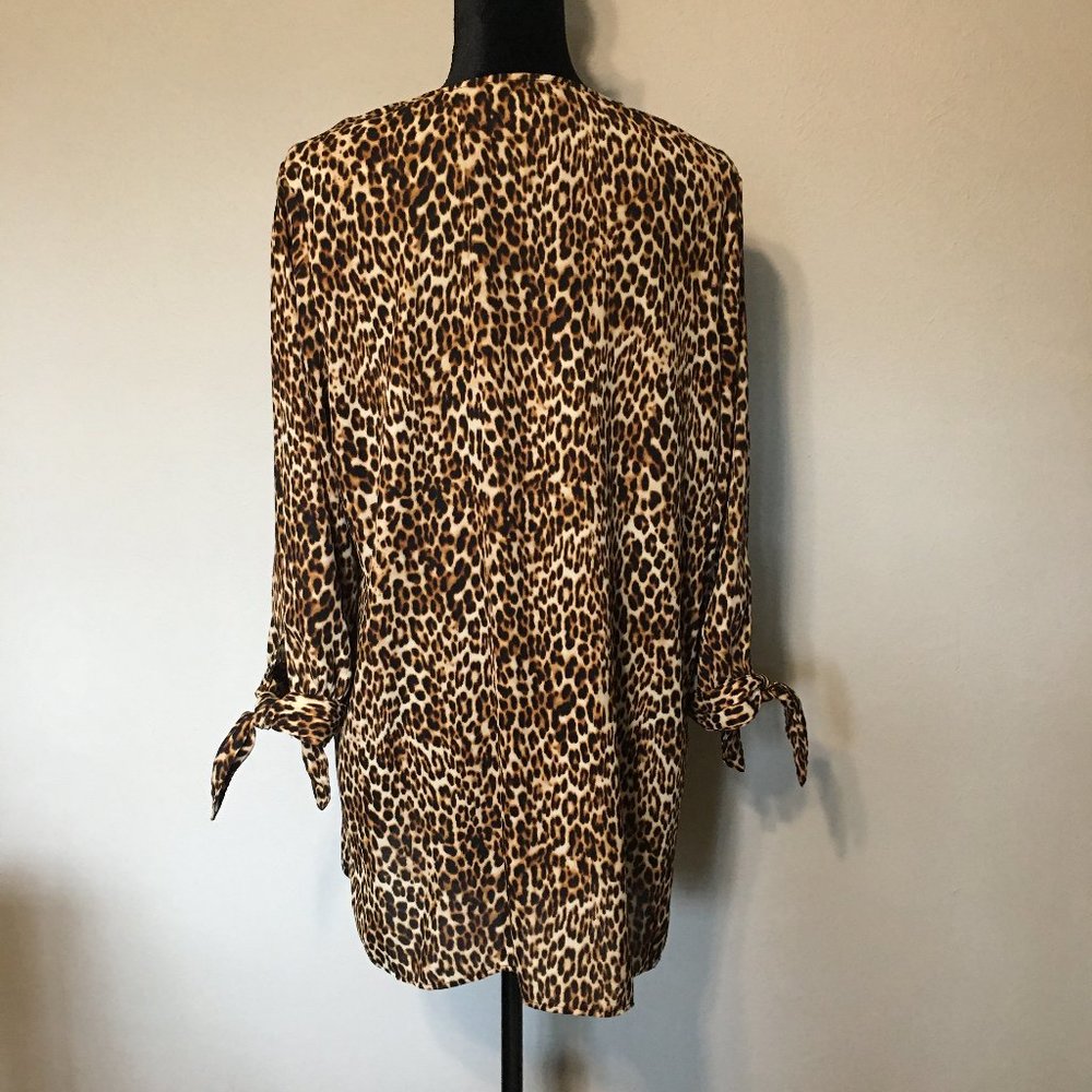 Leopard Print V-Neck Tie-Sleeve Women's Top - Brown - Picture 2 of 7